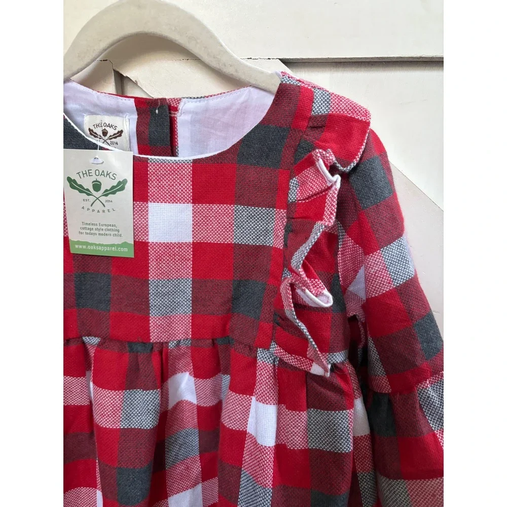 The Oaks Apparel Sarah Beth Plaid Ruffle Bell Sleeve Dress Red White Gray Size 5